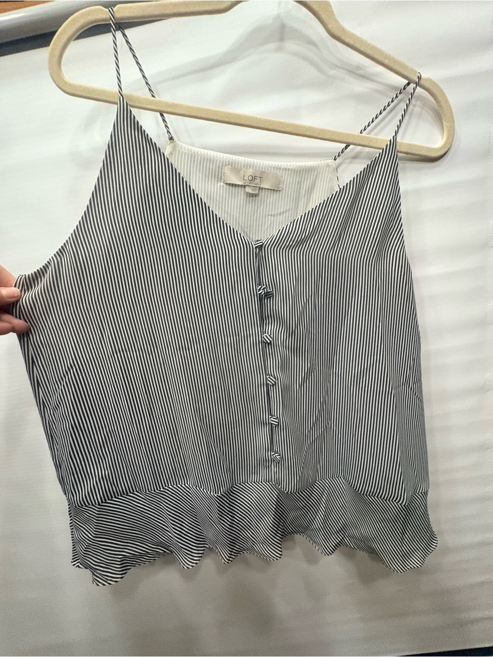 LOFT Black & White Pinstripe Ruffled Spaghetti Strap Cami